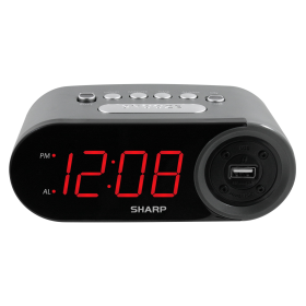 SHARP Digital Alarm Clock, 2 AMP USB FAST Charge Port, Black and Gunmetal with Red LED Display