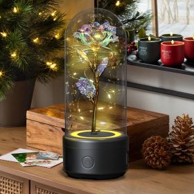 Creative 2 In 1 Rose Flowers LED Light And Bluetooth Speaker Valentine's Day Gift Rose Luminous Night Light Ornament In Glass Cover (Option: Black Base Color Flower)